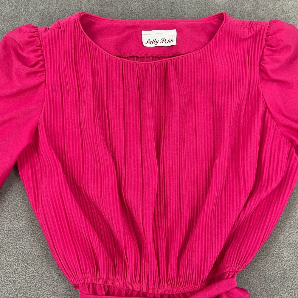 Sally‎ Petite Fit & Flare Dress Womens Pink Pleated Puff Sleeve Tie Waist Party - Picture 4 of 9